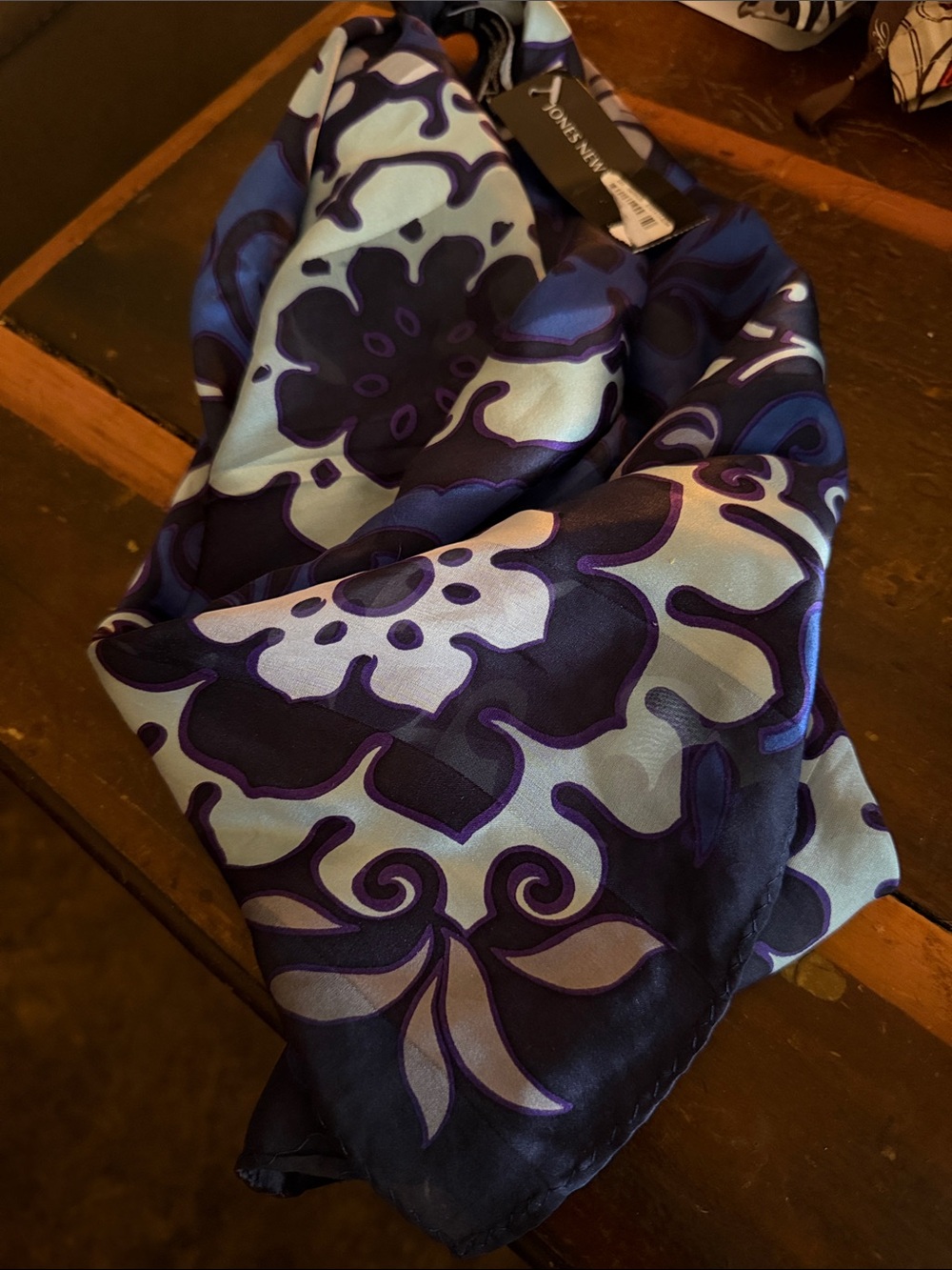 Jones New York Floral Silk-Feel Scarf in Navy and Light Blue